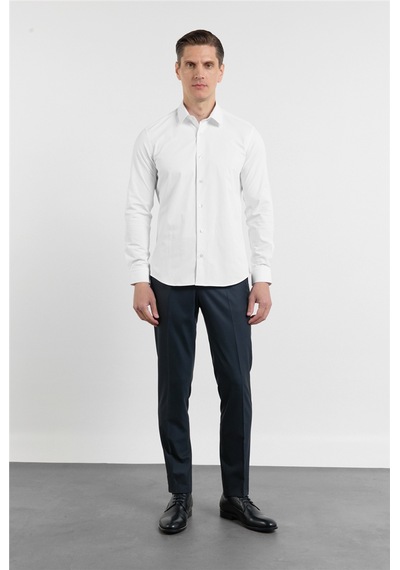 İmza Beyaz Kendinden Desenli Sert Yaka Uzun Kol Cepsiz Slim Fit Pamuklu Gömlek 1004255230
