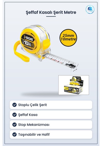 Şeffaf Kasalı Stoplu Şerit Metre 10 M 25 Mm Hırdavat Ev Tadilat M