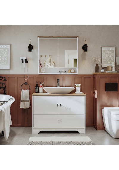 Lavabolu Mat Beyaz Mdf 100Cm Çekmeceli Banyo Dlp + Aynalı Üst Dlp Beyaz - Atlantik Çam
