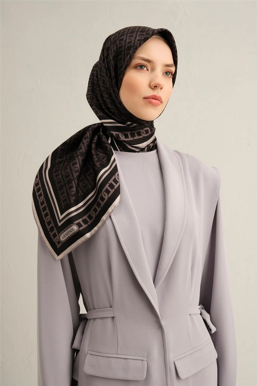 Armine Klasik Desenli Saf İpek Twill Eşarp 9301d 84 KAhverengi