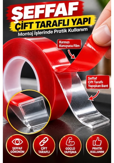 Şeffaf Çift Taraflı Bant 18 Mm X 2 Metre 36 Adet Koli Vhb Akrilik Silikon Güçlü Yapışkanlı Montaj Ba