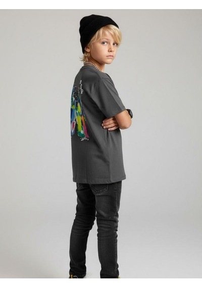 Zekids Erkek Çocuk Pamuklu Sırt Baskılı Kısa Kollu Tasarım T-shirt-16866 Gri
