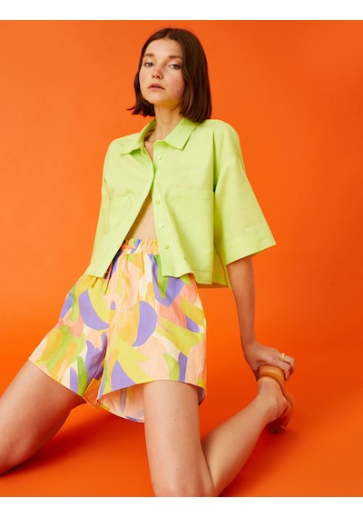 Koton Oversize Crop Kısa Kollu Gömlek Keten Karışımlı Yeşil 2sal60007ıw