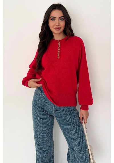Noa & Noa Kadın Düğmeli Triko Kazak Red Stitch Kırmızı