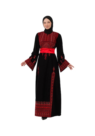 Zaytoon Filistin Nakışlı Modern Siyah Kaftan Elbise - Geleneksel Şıklık Kırmızı