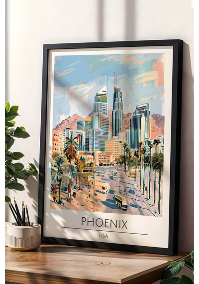 Abd Phoenix Temalı Çerçeveli Tablo Travel Serisi Modern İllüstrasyon Şehir Duvar Dekoru Siyah