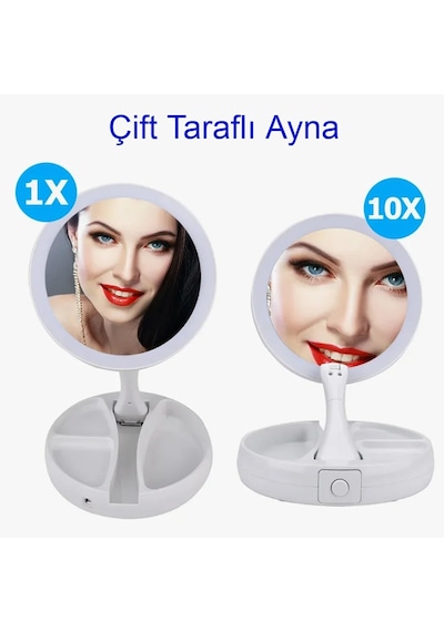 Led Işıklı 10x Katlanır Hafif Çift Yönlü Usb Şarjlı Makyaj Aynası