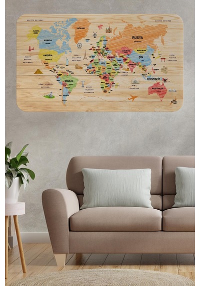 Ahşap Görünümlü Türkçe Eğitici Detaylı Atlası Dünya Haritası Duvar Sticker -60x105-3868 - Renkli Çok Renkli