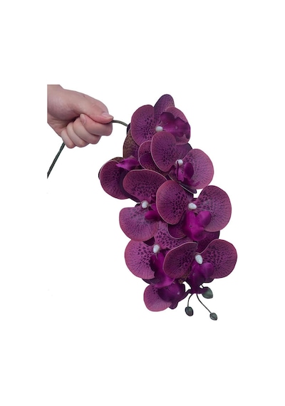 4lü Set Yapay Çiçek Koyu Mor Islak Orkide Ve 2 Adet Orkide Yaprağı Gerçeksi Doku Uzun Dal 90cm