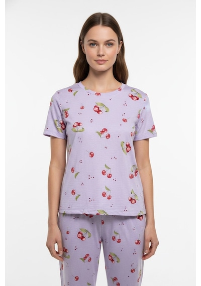 Kompedan Kadın Bisiklet Yaka Yumuşak Dokulu Büyük Kiraz Desenli Kısa Kol Pijama Takım 70132-4713 LILA