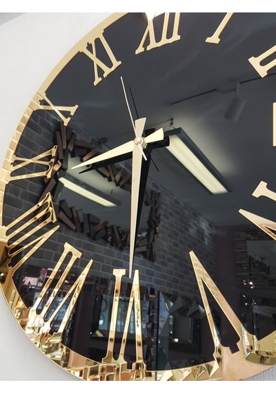 Ayna Denizi Golden Jet Black Model Altın Siyah Renk 50 Cm Dekoratif Aynalı Duvar Saati Siyah