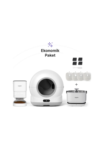 Xenon Smart Akıllı Otomatik Kamerasız Kedi Tuvaleti Paslanmaz Çelik Kaseli Mama Kabı Akıllı Bataryalı Su Pınarı Ve Filtre 4'lü Pet Seti