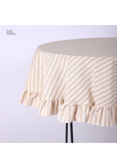 Dnc Home Tekstil  Sütlü Kahve Çizgili Keten Yuvarlak Fırfırlı Masa Örtüsü Sütlükahve