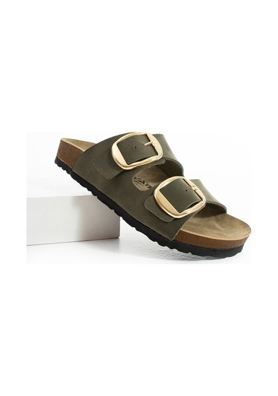 Polomia Comfort Lenora Anatomik Esnek Comfort Rahat Eva Taban Çift Bantlı Gold Toka Kadın Günlük Sandalet Terlik Haki