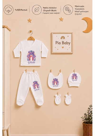 Pia Baby İsme Özel Erkek Bebek 5 Parça Zıbın Seti Kişiye Özel %100 Pamuk Organik Baskı 1059z0x Krem