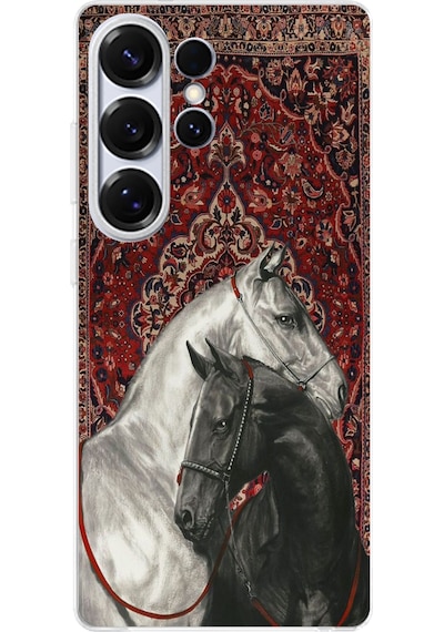Samsung Galaxy S25 Ultra Uyumlu Geleneksel Halı Motifli Siyah Beyaz At Baskılı Silikon Kılıf Renkli