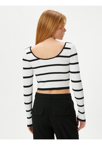 Koton Crop Triko Kazak U Yaka Fitilli Siyah Çizgili 4sak90042ht 4SAK90042HT9S9 Siyah