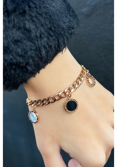 Çılgıntrend Yuvarlak Detaylı Zincir Çelik Bileklik Gold - Çelik