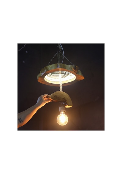 Doğal Ahşap Kütük Avize Kırık Ayna Ve Epoksi Kaplama Led Aydınlatmalı Sarkıt Lamba 40-45 Cm Kahverengi