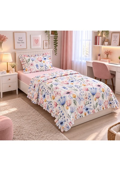 Sallhome Çiçek Bahçesi Desenli Fırfırlı Tek Kişilik Pike Takımı Açık Pembe