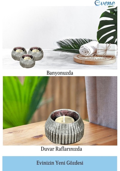 Mumluk Şamdan 3 Adet Tealight Uyumlu Çizgili Model - Gümüş Eskitme