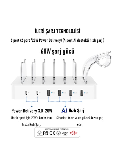 SooPii CS60 PD 3.0 60W/12A 6 Port Çoklu Şarj Cihazı Şarj İstasyonu