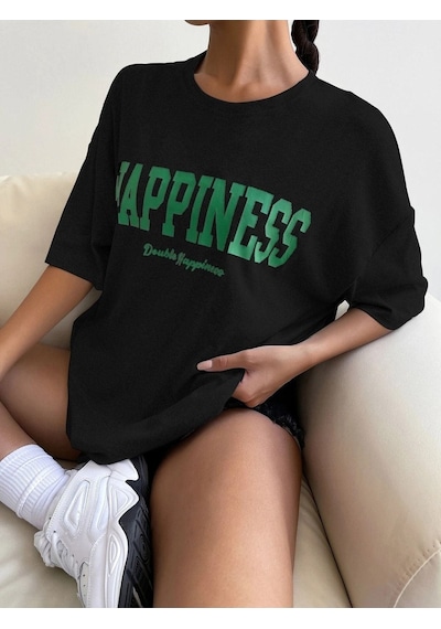Siyah Oversize Happıness Baskılı T-shirt - Oversize Unisex Siyah