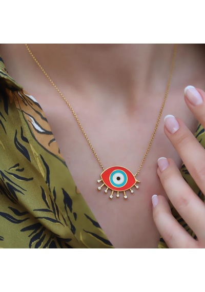 Mine İşli Kırmızı Göz Modeli Gold Kaplama Trend Gümüş Kolye Gümüş