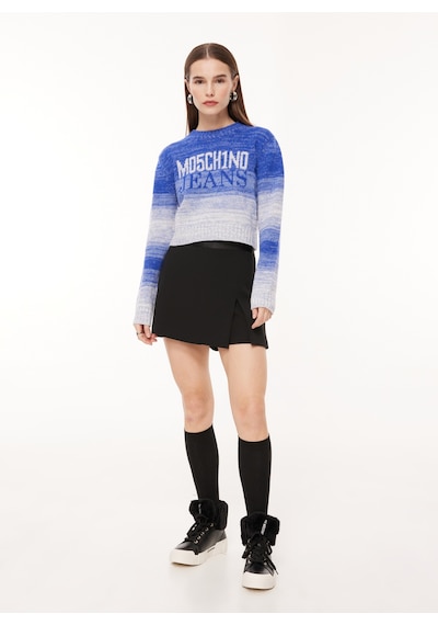 Moschino Jeans Bisiklet Yaka Baskılı Kazak Kadın J0924 Mavi