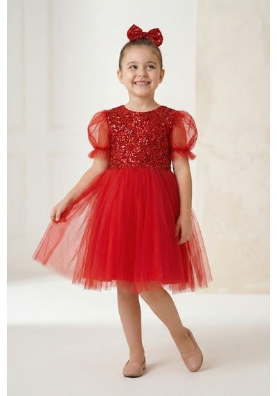 Mnk Baby & Kids Balon Kol Pul Payet Kız Çocuk Tütü Elbise M00751 Kırmızı