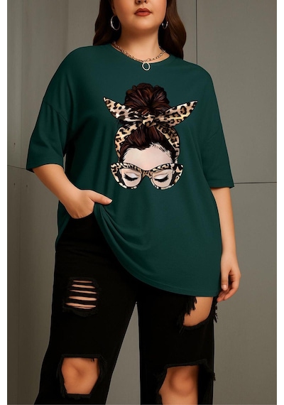 Ceny Kadın Büyük Beden Battal Baskılı Bisiklet Yaka Pamuklu T-shirt Rahat Kesim Unisex Sevgili Kombini Yesıl