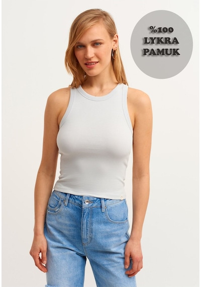 Mea Capio Kadın Açık Gri Fitilli T-shirt Halter Yaka Örme Atlet Açık Gri