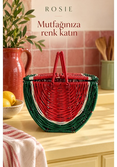 Rosıe Karpuz Desenli Kulplu Dekoratif Sepet Karışık