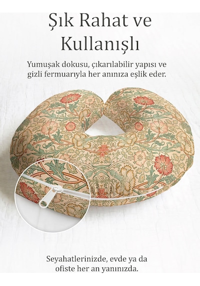 Vintage Çiçek Desenli Ergonomik Boyun Yastığı - Klasik Sanat Stili Yeşil Krem Seyahat Yastığı Soluk Yosunlu Bal