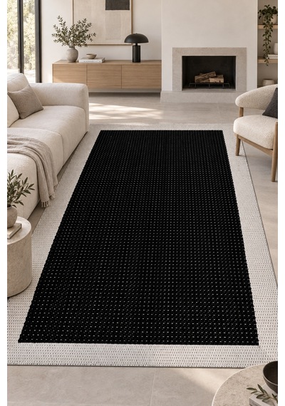 Kasen Siyah Ekru Sisal Görünümlü Modern Polyester Halı Robot Süpürgeye Uyumlu Kolay Temizlenebilir Mutfak Oturma Odası Koridor Halısı Siyah/Ekru