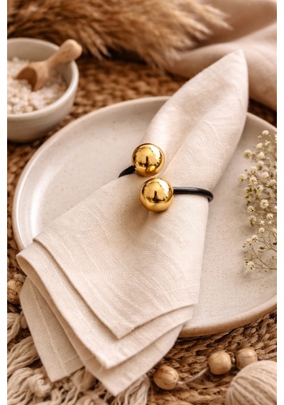 Saturn Siyah Metal Halkalı Gold Boncuklu Peçete Yüzüğü - Peçete Halkası - 6 Adet Gold - Siyah