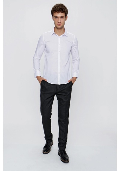 İmza Beyaz Uzun Kol Düz Bez Ayağı 041 Sert Yaka Basic Slim Fit Gömlek 1004245057 Beyaz