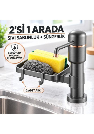 Valkyrie 2 Si 1 Arada Siyah Mutfak Sıvı Sabunluk Ve Süngerlik Seti Tezgah Üst Pompalı Dispenser 360