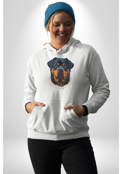 Rottweiler Koca Kafa Kadın Erkek Beyaz Kapüşonlu Sweatshirt Hoodie Beyaz