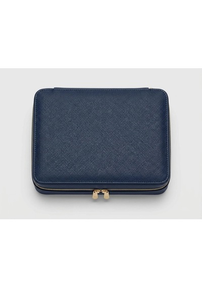 Takı Kutusu Düzenleyici Seyahat Çantası Kolye Yüzük Küpe Organizer Deri Lacivert 22cmx17cm