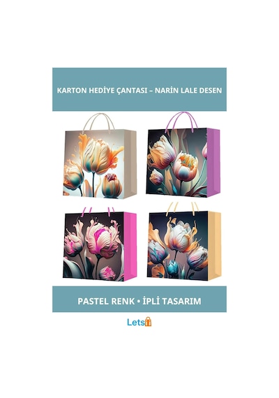 Pastel Renkli Lale Desenli Şık Karton Hediye Çantası Küçük Boy
