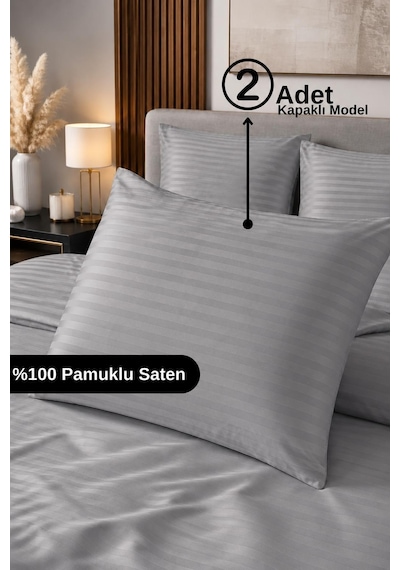 %100 Pamuk Saten Çizgili Kapaklı Yastık Kılıfı 2'li Lüx Otel Kalitesi 50x70 Açık Gri