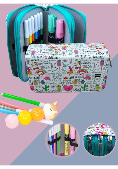 Kalem Kutusu Queen Unicorn Kawaii Orginazer Vegan Deri Üç Bölmeli