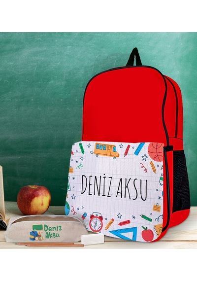 Bk Gift Kişiye Özel İsimli Kırmızı Okul Çantası Ve Kalemlik Hediye Seti-2