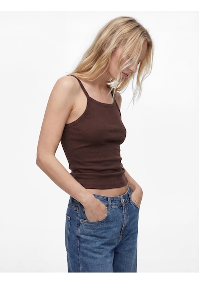 Koton Slim Fit Ribanalı Kolsuz Kare Yaka Bluz Kahverengi 6sak10235ek Kahve