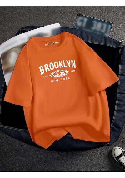 Oversıze Brooklyn Baskılı Unısex Tisort Baskılı Turuncu