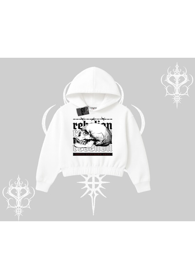 Kapşonlu Crop Sweatshirt Rebellion Skull Underground Street Legacy Beyaz