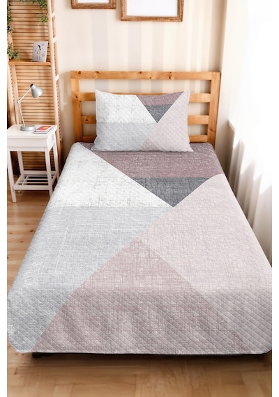 Geometrik Gri Genç Odası Tek Kişilik Pike Takımı - Pudra Modern 160x220 Cm Kapitone Yatak Örtüsü Masalsı Örtü Uyumu