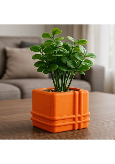 3d Baskı Square Planter - Izgara Desenli Küp Saksı-turuncu