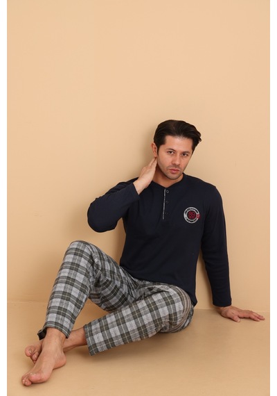 Wordex Flk 7014 İnterlok Kışlık Ekose Pijamalı Erkek Pijama Takımı Lacivert